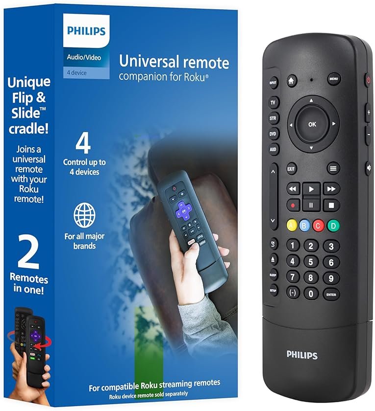 Philips Universal Remote Control for Roku TV Slide-in Cradle Roku Remote Replacement for use as Samsung TV Vizio Remote TCL LG 4-Device SRP2024R/27 - Product Image
