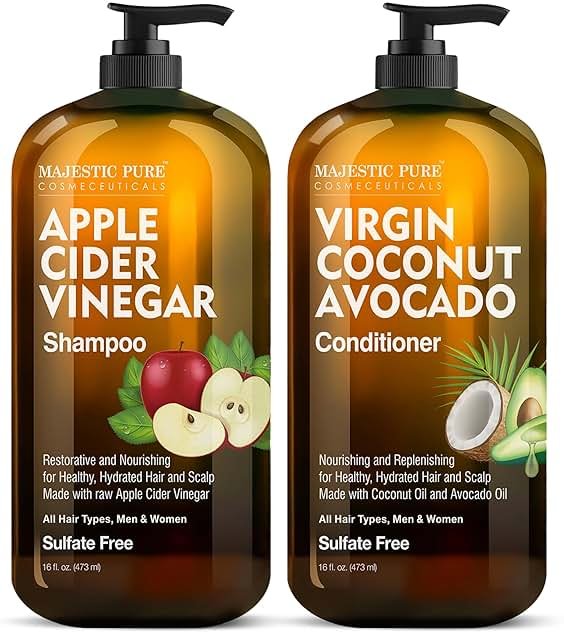 MAJESTIC PURE Apple Cider Vinegar Shampoo and Avocado Coconut Conditioner Set - Restores Shine & Reduces Itchy Scalp, Dandruff & Frizz - Sulfate Free, for All Hair Types, Men and Women - 2 x 16 fl oz - Product Image