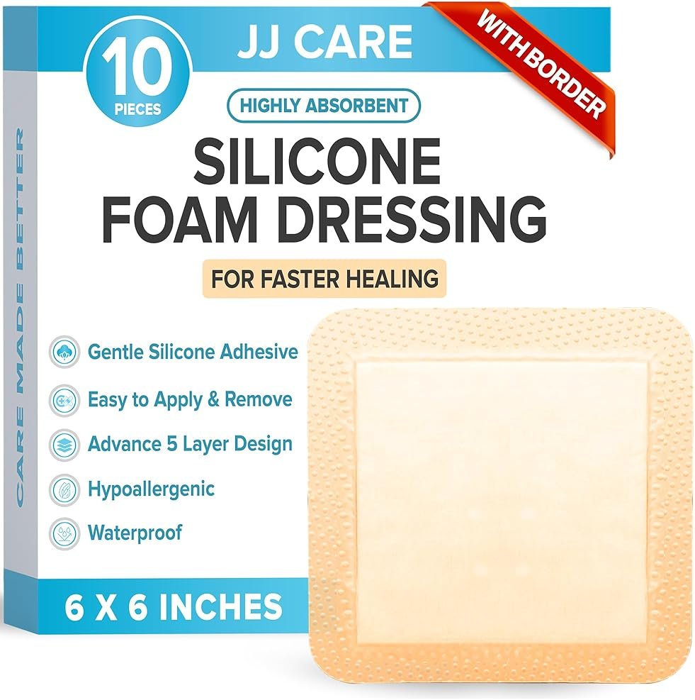 JJ CARE Silicone Foam Dressing 6x6 [Pack of 10], Silicone Bandages for Wounds, Waterproof Wound Dressing with Adhesive Border, Absorbent Bed Sore Bandages for Wound Care - Product Image