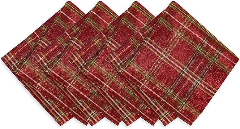 Elrene Home Fashions Shimmering Plaid Holiday Cloth Napkins, Set of 4, 17 Inches x 17 Inches, Red - Product Image