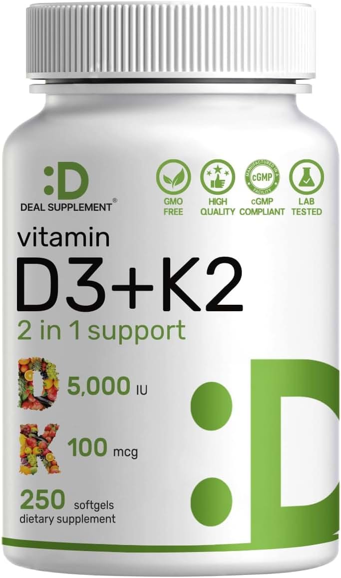 DEAL SUPPLEMENT Vitamin D3 5,000 IU + K2 MK7 Softgels, 250 Count | 2-in-1 Complex | Easy to Swallow - Product Image