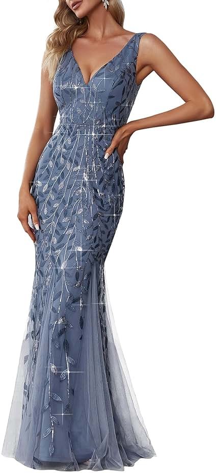 Ever-Pretty Women's Formal Dress Sequin Tulle Double V-Neck Sleeveless Mermaid Long Evening Dress 07886 - Product Image