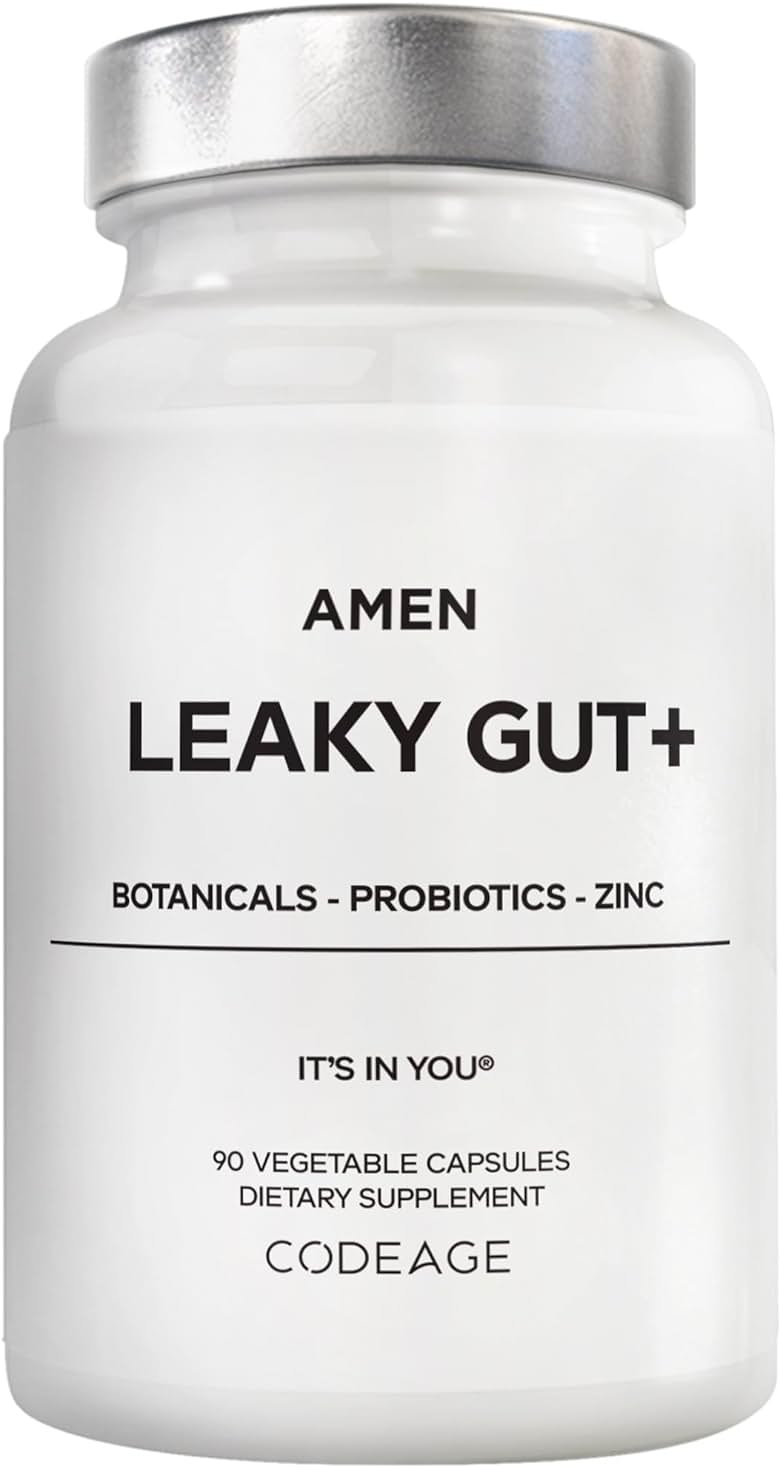 Amen Leaky Gut Supplement - Advanced Formula with Bioavailable L Glutamine, Zinc, Turmeric, DGL Licorice Root - Marshmallow Root - Probiotics & Fermented Prebiotics - Vegan, Non-GMO - 90 Capsules - Product Image