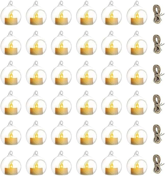 NUPTIO Mini Hanging Glass Tealight Globe Candle Holder with LED Candle, 2.36 Inches Diameter, Wedding Party Tree Decoration (36 Pcs) - Product Image