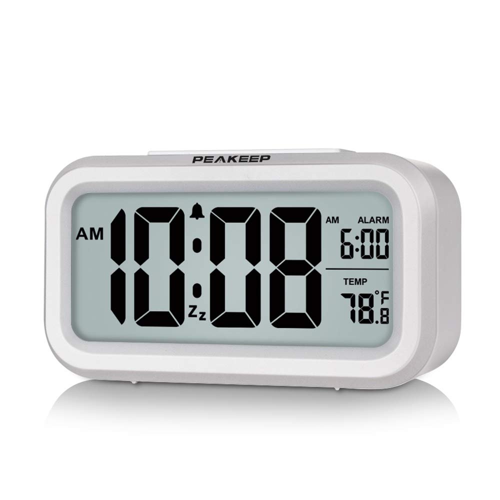 Peakeep Night Light Digital Alarm Clock Battery Operated with Indoor Temperature, Desk Small Clock (White) - Product Image