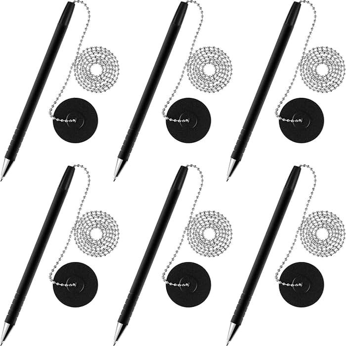 Outus 6 Pieces Secure Pen with Chain and Adhesive Pen Holder Reception Counter Ballpoint for Bank Home Hotel Office Supplies, Black Ink - Product Image