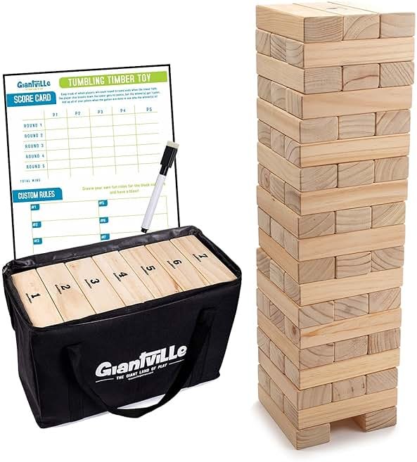 Giantville Giant Tumbling Timber Toy - STEAM-Credited Premium Pine Wood Blocks Tower - Indoor/Outdoor Yard Game for Kids & Adults - 56 Pieces + Carry Bag - Grows to Over 4 Feet - Product Image