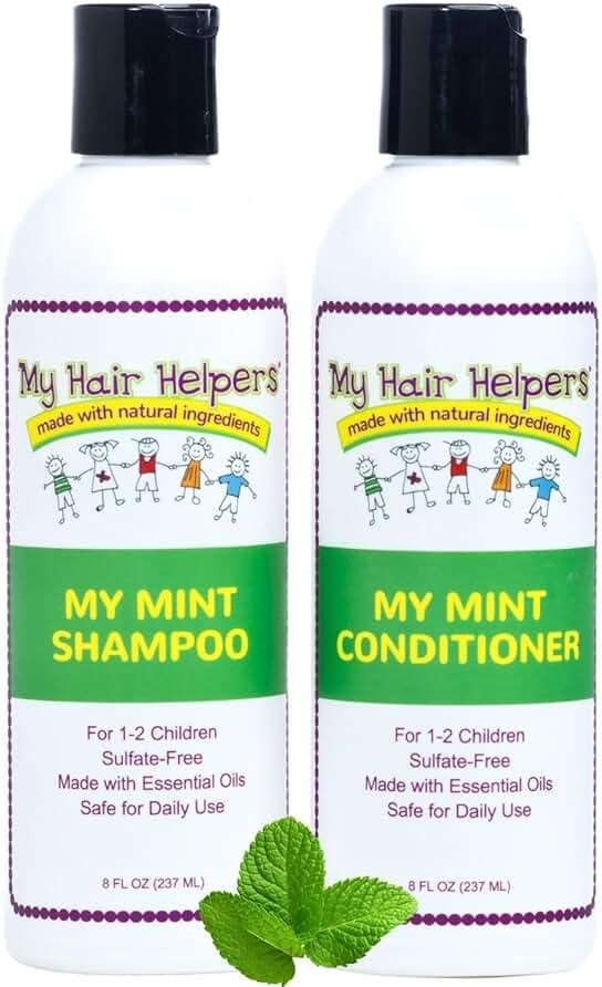 My Hair Helpers Lice Defense and Prevention Shampoo & Conditioner Bundle for Kids, Peppermint Scent, Safe for Daily Use, Works on 1-2 Children, 8 Ounces Each - Product Image