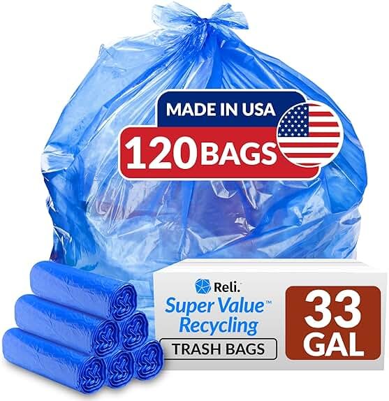 Reli. SuperValue 33 Gallon Recycling Bags (120 Count) Made in the USA - Blue Trash Bags, 30-33 Gallon | Recycling, Garbage | 33Gal with 30Gal - 35Gal Capacity - Product Image