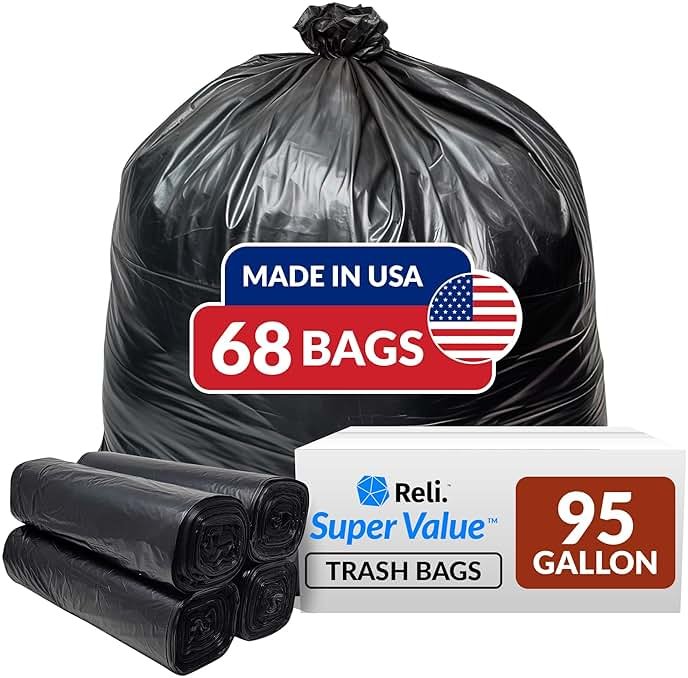 Reli. 95 Gallon Trash Bags Heavy Duty | 68 Trash Bags with Ties | Super Sizeable, Black, Serious Garbage Cleanup - Product Image