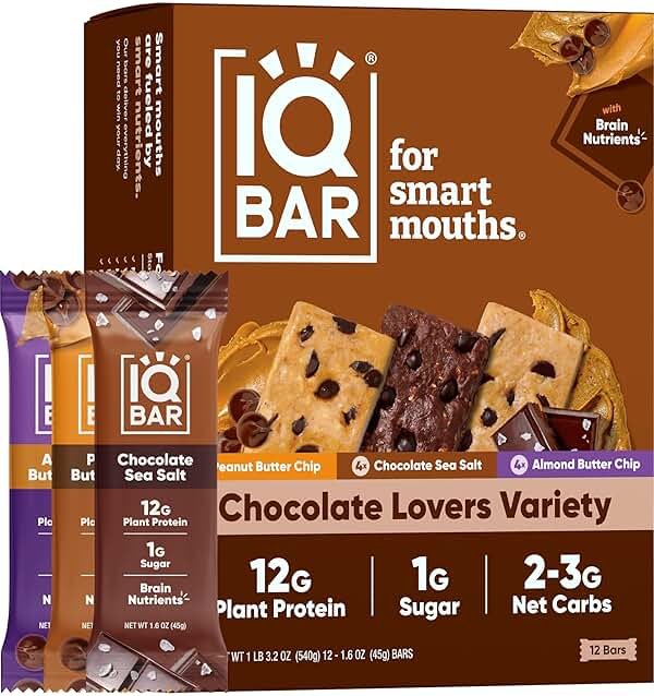 IQBAR Clean Plant Protein Bars - Chocolate Lovers Variety - 12 Count - Keto, Vegan, High Fiber, Gluten and Dairy Free, Low Sugar Snack - Brain and Body Nutrients for Focus, Energy, Meal Replacement - Product Image