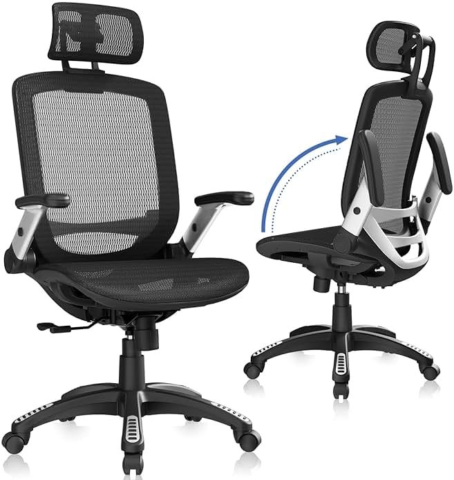 GABRYLLY Ergonomic Office Chair, High Back Home Desk Chair with Headrest, Flip-Up Arms, 90-120° Tilt Lock and Wide Cushion, Big and Tall Mesh Chairs for Man Woman, Black Task Chair - Product Image