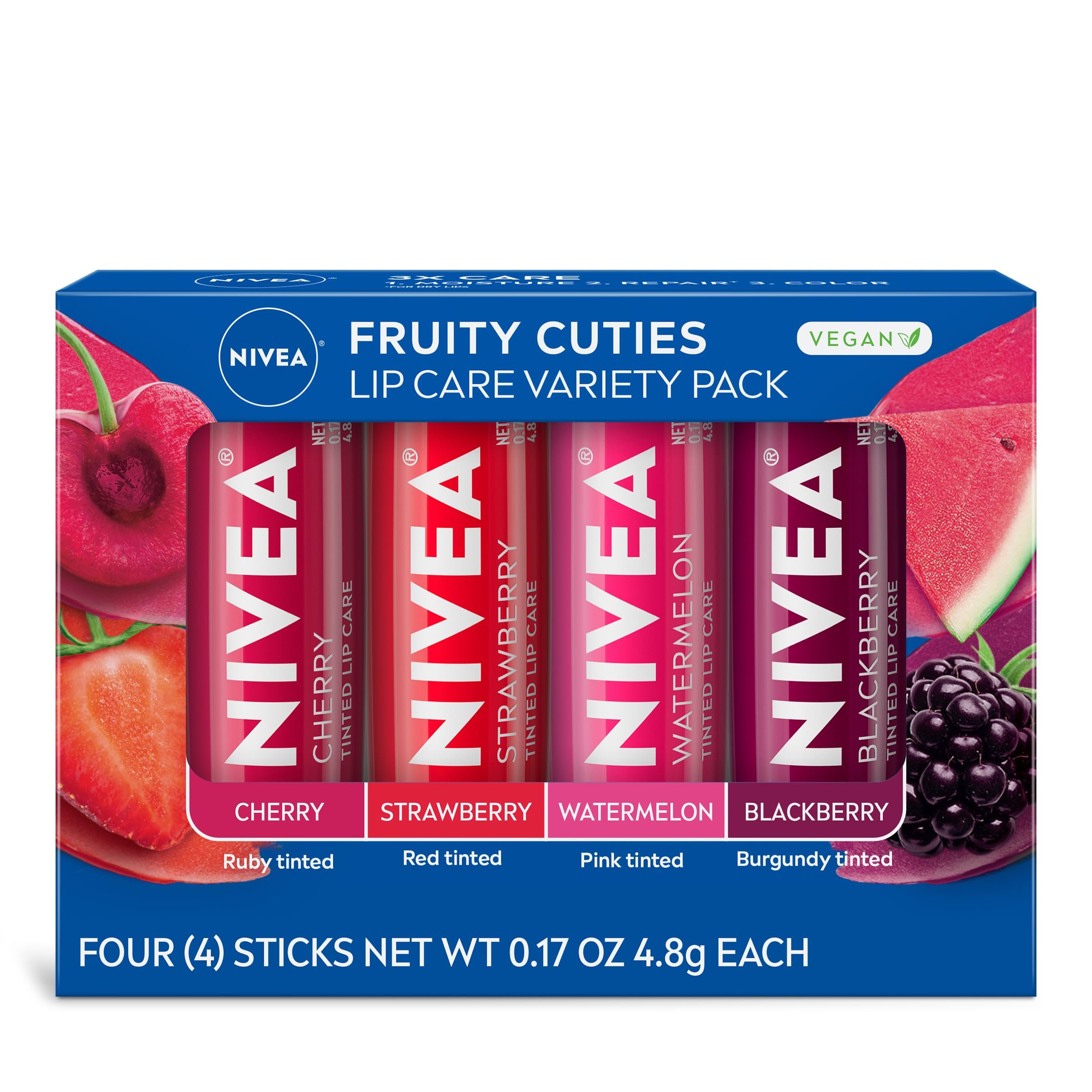 NIVEA Lip Care, Fruity Tinted Lip Balm Variety Pack, Cherry, Strawberry, Blackberry and Watermelon Flavors, 3-in-1 Moisture, Repair and Color, 0.17 Oz Stick, Pack of 4 - Product Image