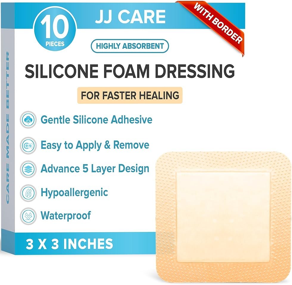 JJ CARE Silicone Foam Dressing 3x3 [Pack of 10], Silicone Bandages for Wounds, Waterproof Wound Dressing with Adhesive Border, Absorbent Bed Sore Bandages for Wound Care - Product Image
