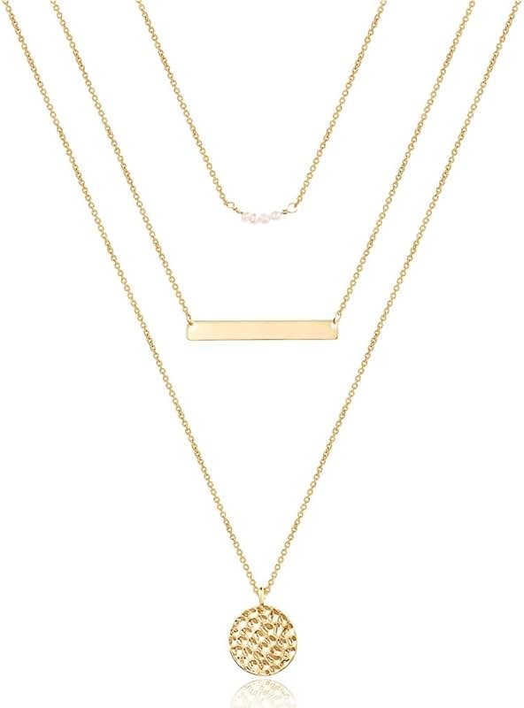 Turandoss Dainty Layered Choker Necklace, Handmade Y Pendant Necklace Multilayer Bar Disc Necklace Adjustable Layering Choker Necklaces for Women - Product Image