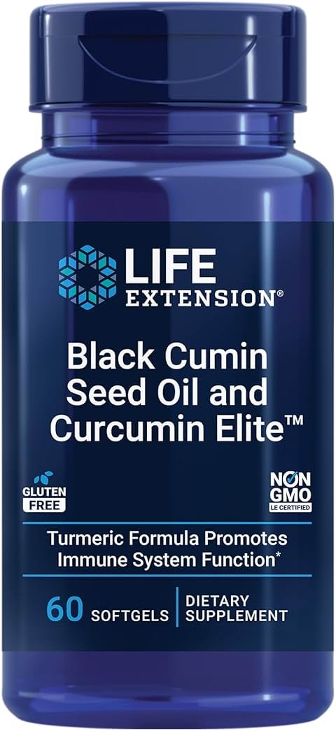 Life Extension Black Cumin Seed Oil and Curcumin Elite, Black Cumin, Turmeric Extract, Immune Health Support, high bioavailability, Whole-Body Health, Gluten Free, Non-GMO, 60 softgels - Product Image