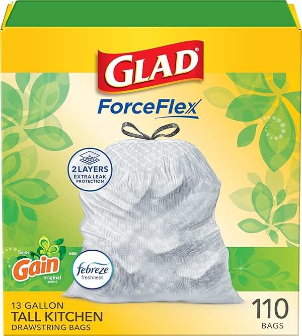 Glad ForceFlex Tall Kitchen Trash Bags, 13 Gal, Gain Original with Febreze, 110 Ct (Pack May Vary) - Product Image