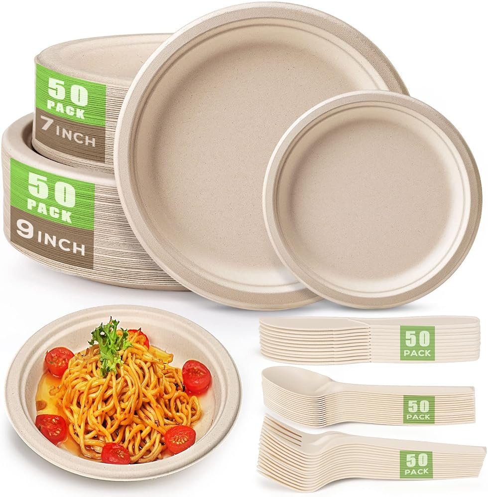 Gezond 250Pcs Disposable Paper Plates Set, Compostable Plate Sugarcane Utensils Eco Friendly Dinnerware Kit Includes 50 Biodegradable Plates, Forks, Knives and Spoons for Brithday Party Camping - Product Image