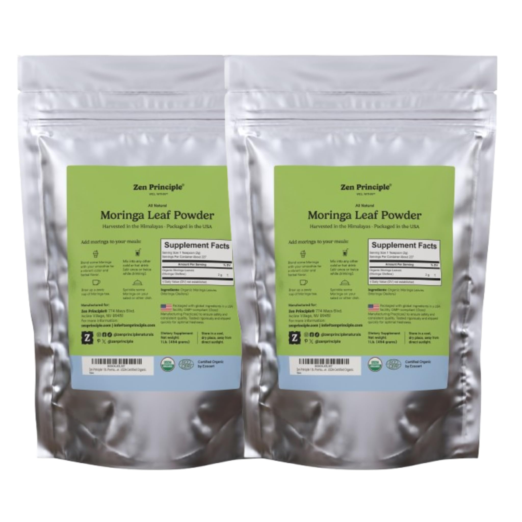 Zen Principle 2-Pack Premium Organic Moringa Oleifera Leaf Powder. USDA Certified Organic. - Product Image
