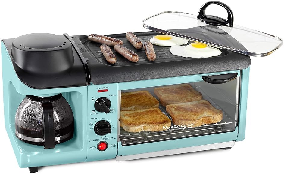 Nostalgia 3-in-1 Breakfast Station - Includes Coffee Maker, Non-Stick Griddle, and 4-Slice Toaster Oven - Versatile Breakfast Maker with Timer - Aqua - Product Image