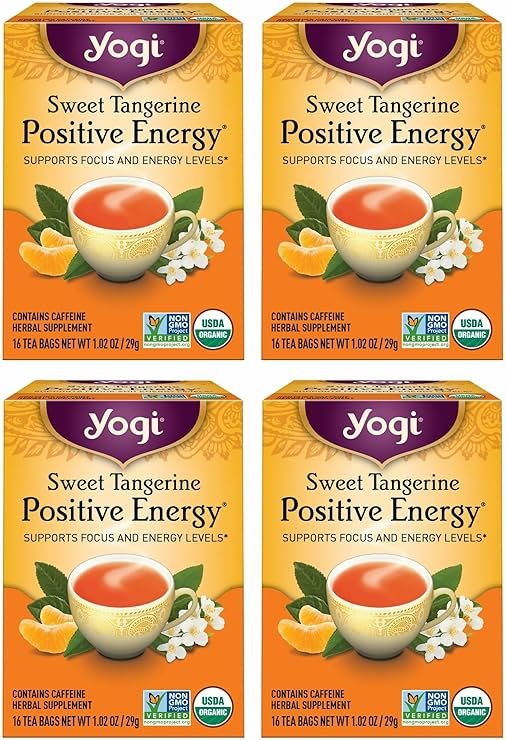 Yogi Sweet Tangerine Positive Energy Tea - 16 Tea Bags per Pack (4 Packs) - Organic Tangerine Energy Tea - Includes Black Tea Leaf, Yerba Mate Leaf, Ashwagandha Root & More - Product Image