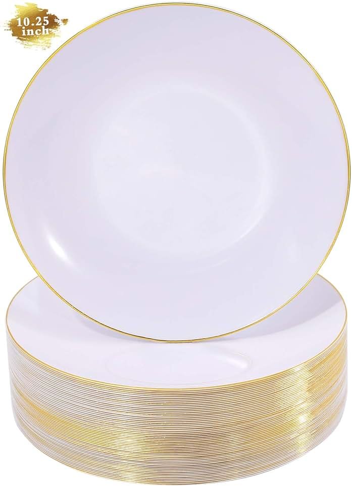 Nervure 100 Pieces Gold Plastic Plates - 10.25 inch Gold Dinner Plates - Heavyweight White and Gold Disposable Plates Ideal for Wedding & Party - Product Image