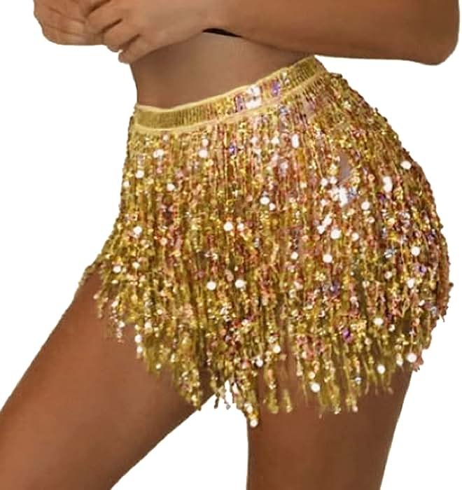 Women's Sequin Tassel Skirts Rave Fringe Hip Scarf for Festival - Product Image