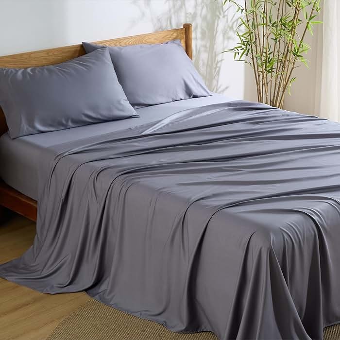 Bedsure Queen Sheet Set, Cooling Sheets for Queen Size Bed Set, Rayon Derived from Bamboo, PureWoven, Breathable & Soft, Deep Pocket Up to 16", Hotel Luxury Silky Bedding for Hot Sleepers, Dark Grey - Product Image