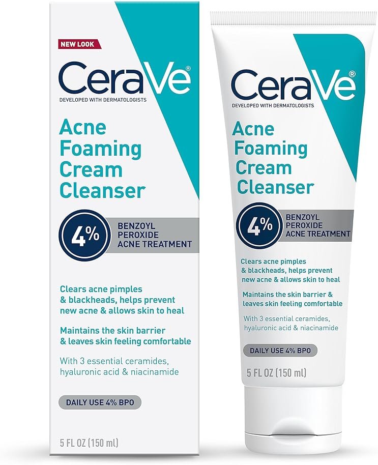 CeraVe Acne Foaming Cream Cleanser, 4% Benzoyl Peroxide Face Wash With Hyaluronic Acid, Niacinamide & Ceramides, Gentle Daily Acne Treatment For Face - Product Image