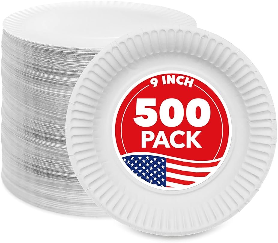Stock Your Home 9-Inch Paper Plates Uncoated, Everyday Disposable Plates 9" Paper Plate Bulk, White, 500 Count - Product Image