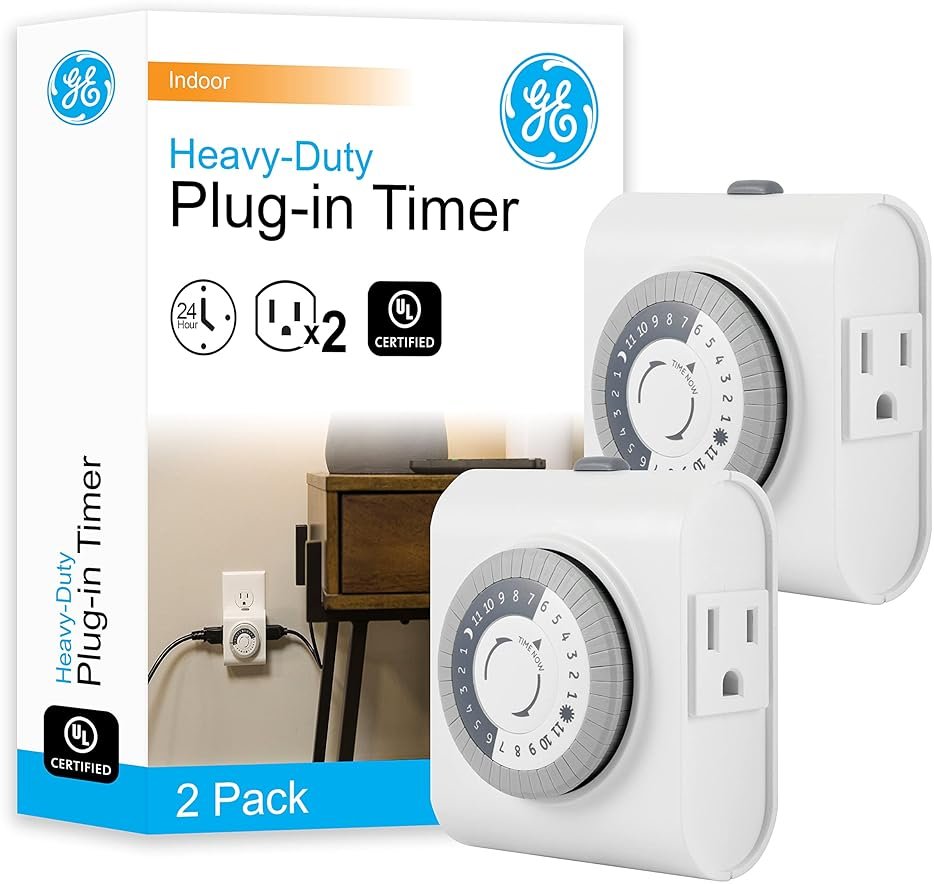 GE 24‑Hour Mechanical Outlet Timer Switch, Dual Grounded Plug‑in Control for Indoor Lighting, Lamps, Christmas Trees, Fans and Small Appliances (2 Pack), 46211 - Product Image