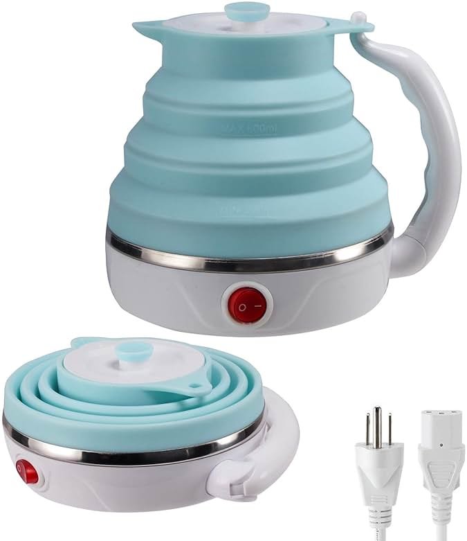 Travel Foldable Electric Kettle, Collapsible Electric Kettle Food Grade Silicone Small Pot Boiling water,Dual Voltage（600ml,110-220V US Plug） (Blue) - Product Image