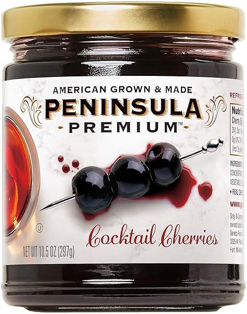 Peninsula Premium Cocktail Cherries | Award Winning | Deep Burgundy-Red | Silky Smooth, Rich Syrup | Luxe Fruit Forward, Sweet-Tart Flavor | Gourmet | American Grown & Made | 10.5 Ounce - Product Image