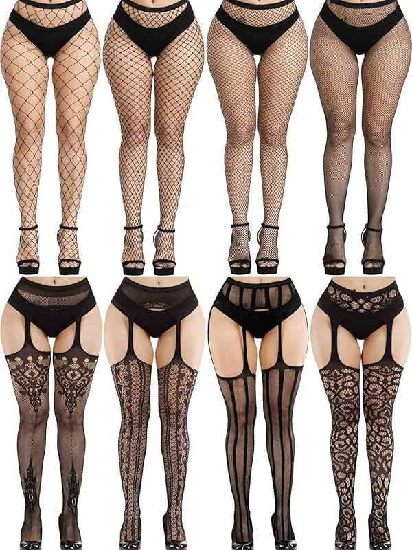Zhanmai 8 Pairs Women Fishnet Stockings Tights Pantyhose Thigh High Stockings Waist Fishnets - Product Image