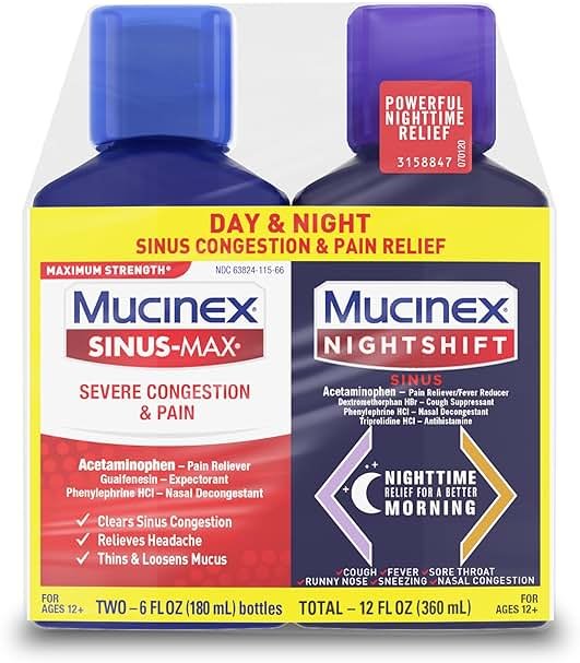 Mucinex Maximum Strength Sinus-Max Severe Congestion & Pain + Nightshift Sinus Liquid, Cold and Flu Medicine for Adults, Over-the-Counter Medication for Multi-Symptom Relief, 2x6 Fl Oz - Product Image