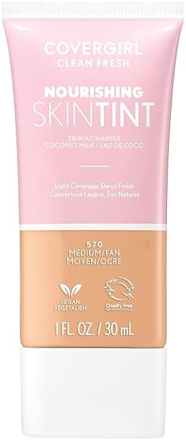 COVERGIRL Clean Fresh Nourishing Skin Tint, 570 Medium/Tan, Liquid Foundation, Dewy Finish, Infused with Coconut & Aloe, Vegan Formula - Product Image