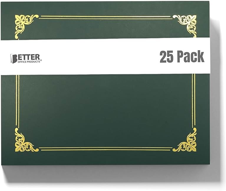 Better Office Products 25 Pack Green Certificate Holders, Diploma Holders, Document Covers with Gold Foil Border, for Letter Size Paper, 25 Count, Hunter Green - Product Image