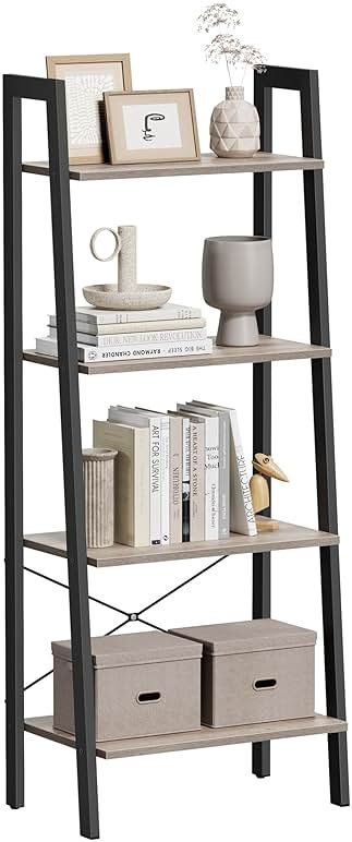 VASAGLE BARNET Collection - Ladder Shelf, Bookshelf, Storage Rack, Modern Bookcase for Living Room Home Office Kitchen, Steel Frame, 4-Tier, 22-Inch Wide, Heather Greige and Ink Black ULLS44MB - Product Image