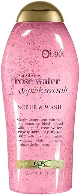 OGX Sensitive + Rose Water & Pink Sea Salt Exfoliating Body Scrub + Rose Quartz, Gentle Exfoliating Daily Body Wash Softens Skin, Body Scrub for Women, Sulfate-Free Surfactants, 19.5 fl oz - Product Image