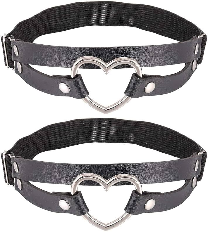 FM FM42 Multicolor PU Simulated Leather Women's Gothic Double Straps Heart O Ring Leg Thigh Elastic Garter Belt, One Pair - Product Image