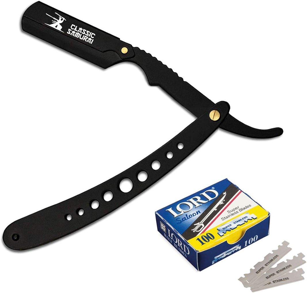 Classic Samurai New Ergonomic Design Stainless Steel Professional Folding Straight Edge Barber Razor Shavette Manual Shaver with 100 Lord Single Blades (Matte Black + 100 Lord Blades) - Product Image