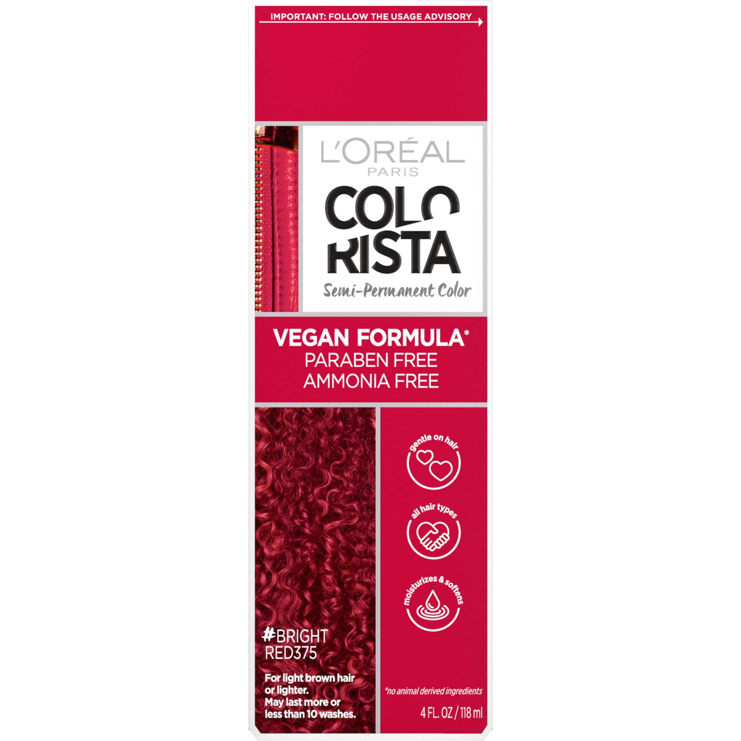 L'Oreal Paris Colorista Semi Permanent Hair Color for Bleached or Blonde Hair, Color Depositing Hair Mask Formula, Bright Red - Product Image