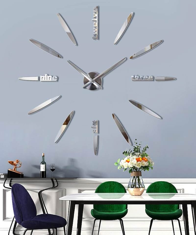 SIEMOO DIY Wall Clock, 3D Mirror Stickers Large Frameless Wall Clock Modern Design Watches Hours for Home Living Room Bedroom Office Decoration Gifts-Silver 012 - Product Image