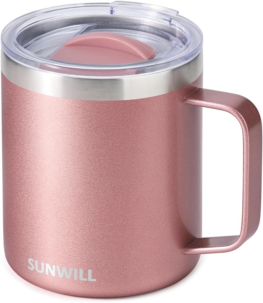 SUNWILL Travel Coffee Mug with Lid, Insulated Tumbler with Handle, 14 oz Stainless Steel Cup for Ice, Water, Tea, Rose Gold - Product Image