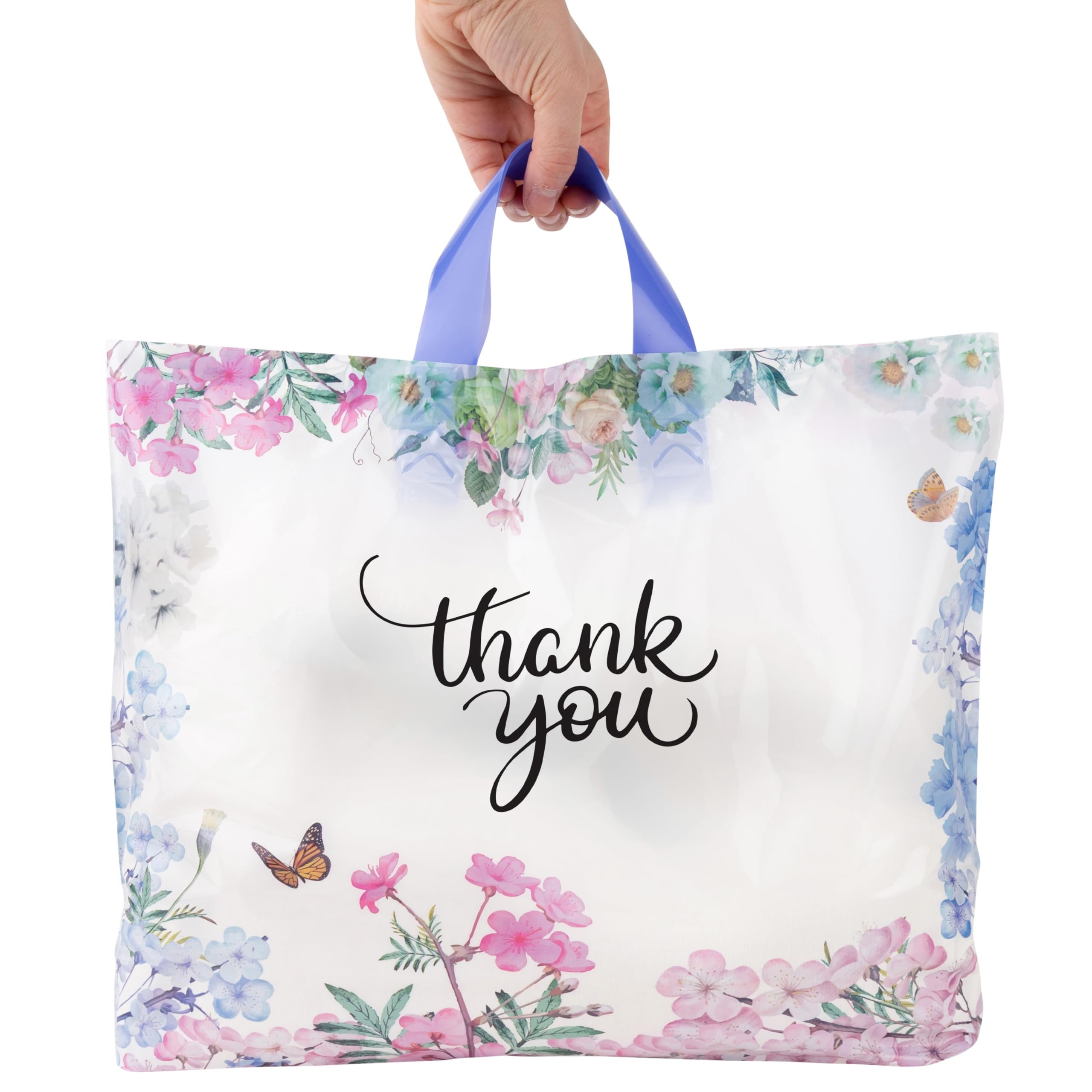 Purple Q Crafts Thank You Bags With Soft Loop Handle for Business Retail, Boutique Bulk 50 Pack 15" W x 12" H Floral Plastic Shopping Bags/Gift Bags Perfect For Mothers Day - Product Image