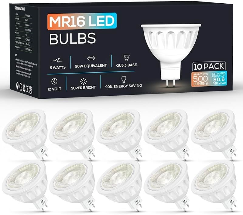 Torkase MR16 LED Bulb Dimmable,GU5.3 Bi-Pin Base MR16 LED Bulbs,5W(50W Equivalent),Outdoor Landscape 12V Low Voltage Light Bulbs,3000K Soft Warm White Recessed Tracking Spot Lights,UL Listed-10Pack - Product Image