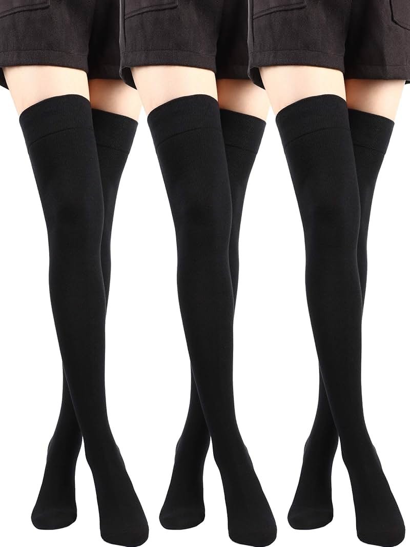 SATINIOR 3 Pairs Thigh High Socks Cotton Over Knee Socks Knit Long Boot Stocking, Black, Medium - Product Image