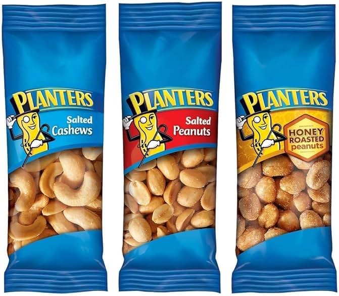 PLANTERS Variety Pack, Salted Cashews, Salted Peanuts & Honey Roasted Peanuts, On-the-Go Nut Snacks, Individually Packed Snacks, 8 -13g (12% - 13% DV) Plant-Based Protein (36 Count) - Product Image