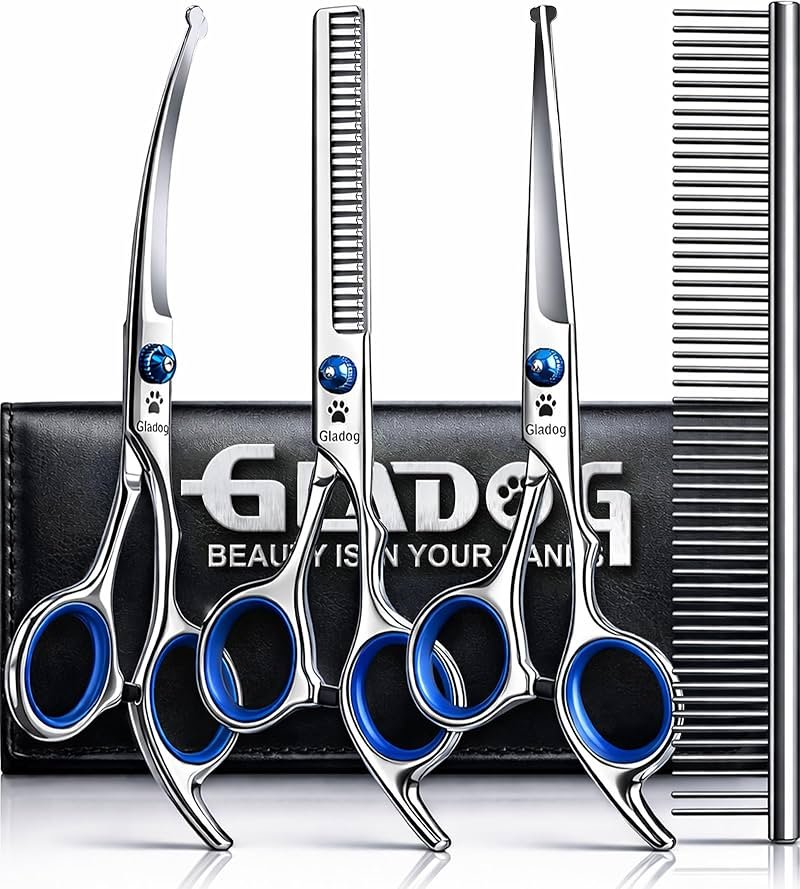 GLADOG Professional 5 in 1 Dog Grooming Scissors Set with Safety Round Tips, Sharp and Heavy-duty Pet Grooming Shears for Cats - Product Image