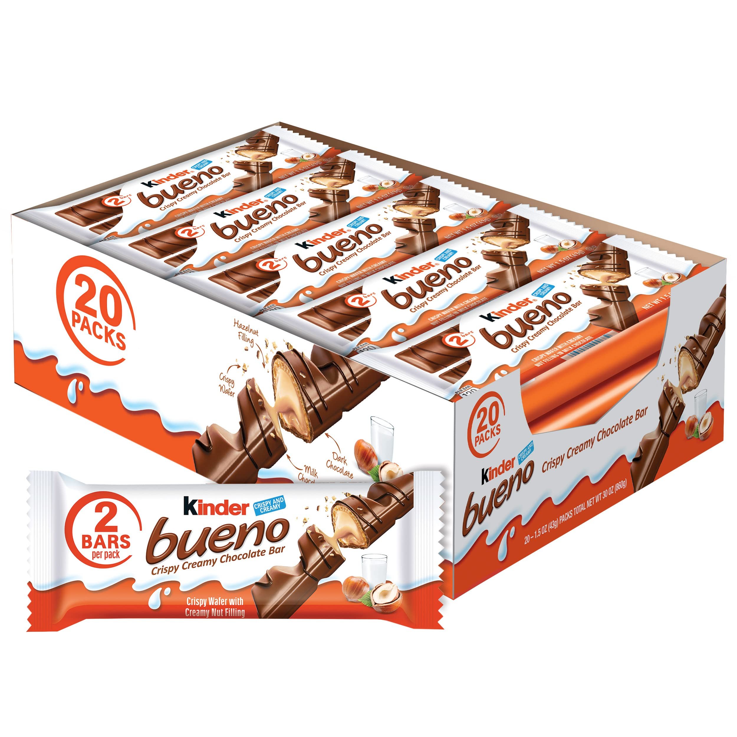 Kinder Bueno Milk Chocolate Bars with Crispy Wafer and Hazelnut Cream, 20 Count, 2 Bars per Pack, 1.5 oz Each - Product Image